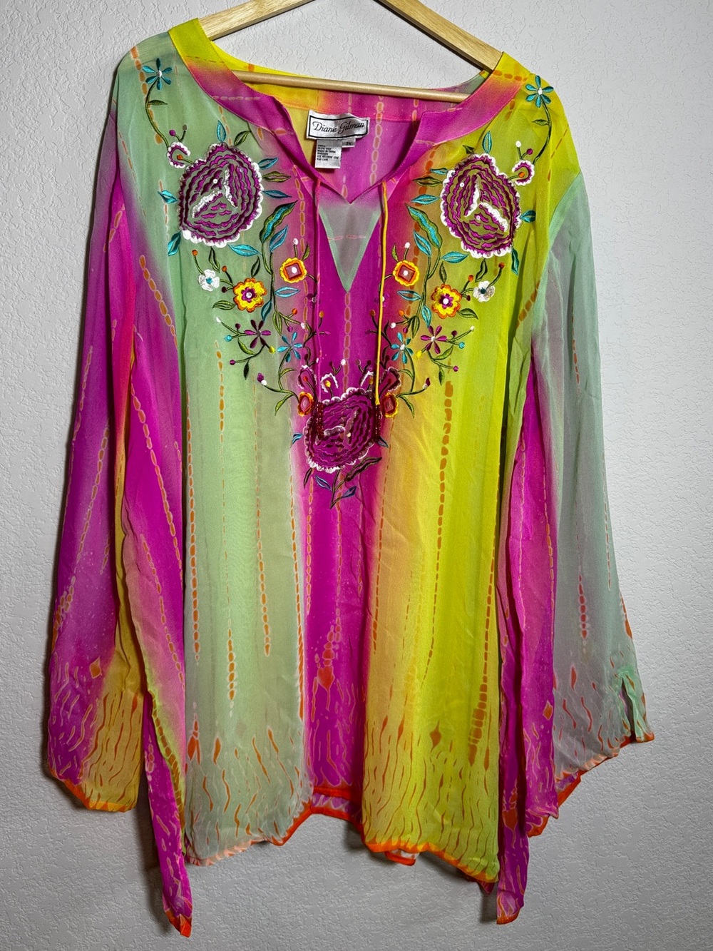 Vintage Diane Gilman Top size 3X neon Embroidered 100% Silk Blouse